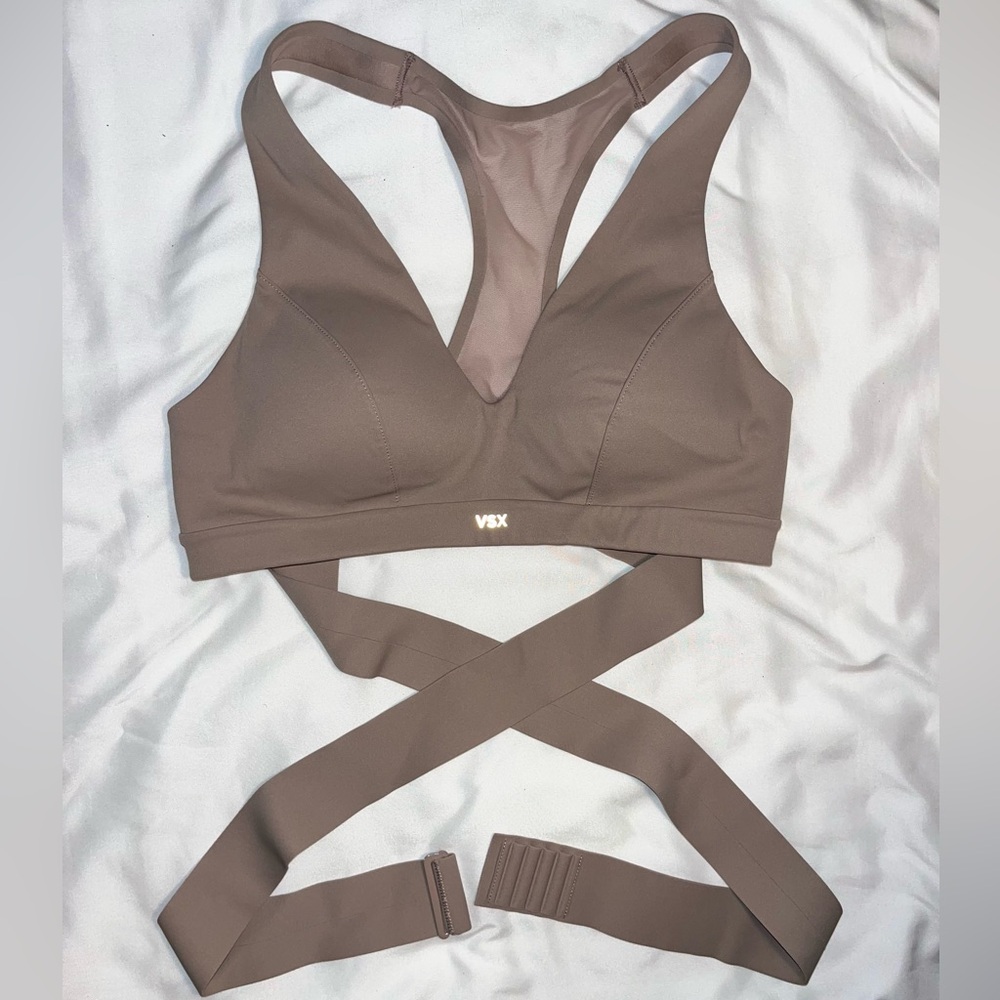 Victoria's Secret Small Taupe Deep V Taupe Sports Bra with waist cross-over tie